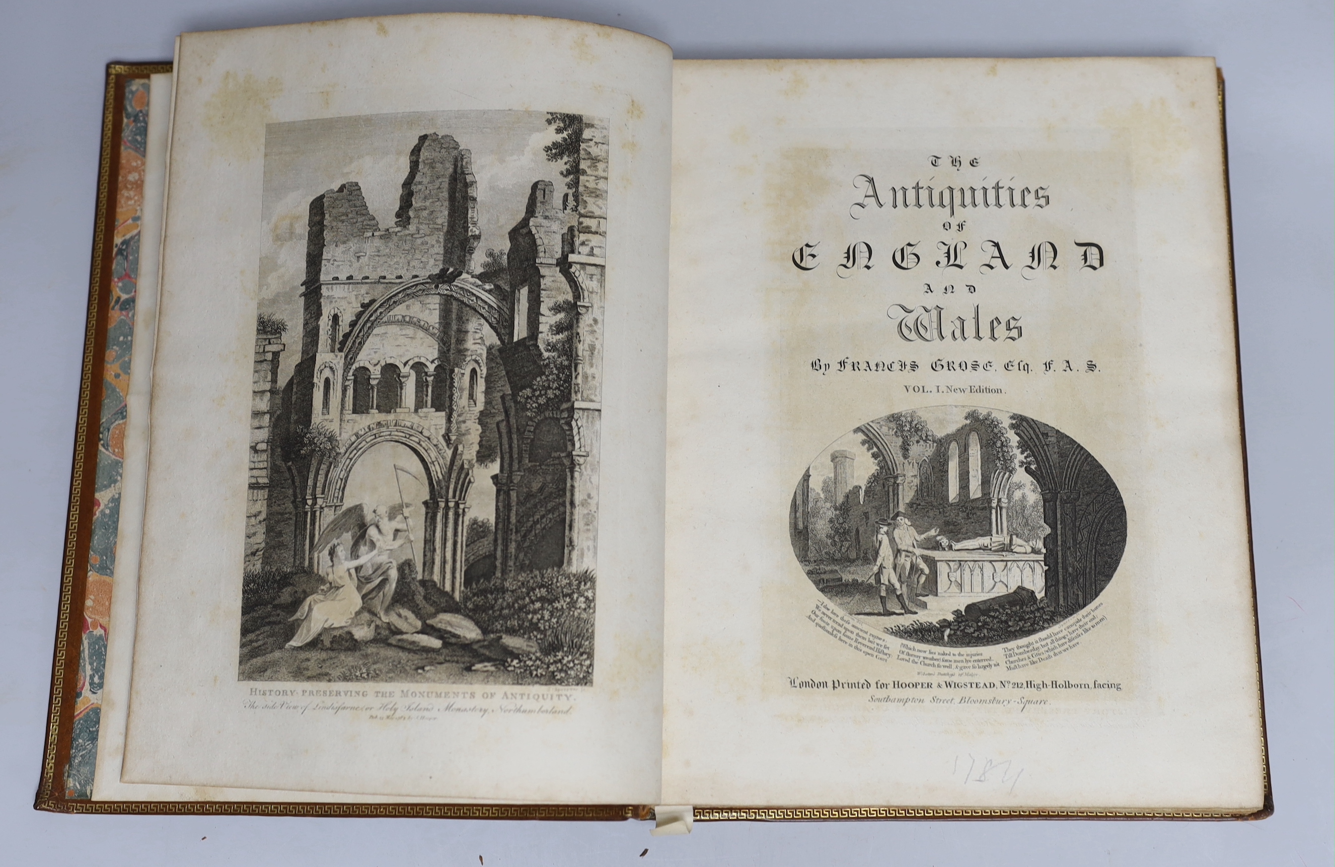 Grose, F - The Antiquities of England and Wales. New edition, 8 vols, 4to, contemporary diced calf, with engraved vignette title to each volume, large folding map of England and Wales, portrait of Grose, 636 (of 639) eng